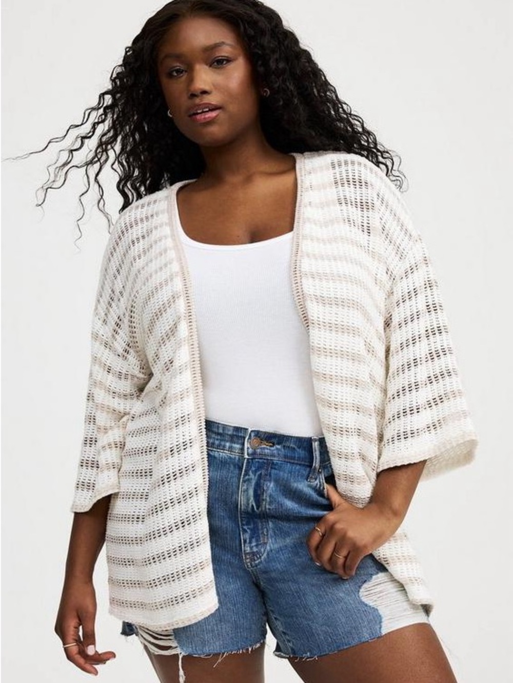NWT Torrid Crochet Open Front Kimono Creamand Tan Cardigan